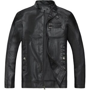 🆕 Men Black Stand Collar Leather Jacket Motorcycle Lightweight Faux Outwear